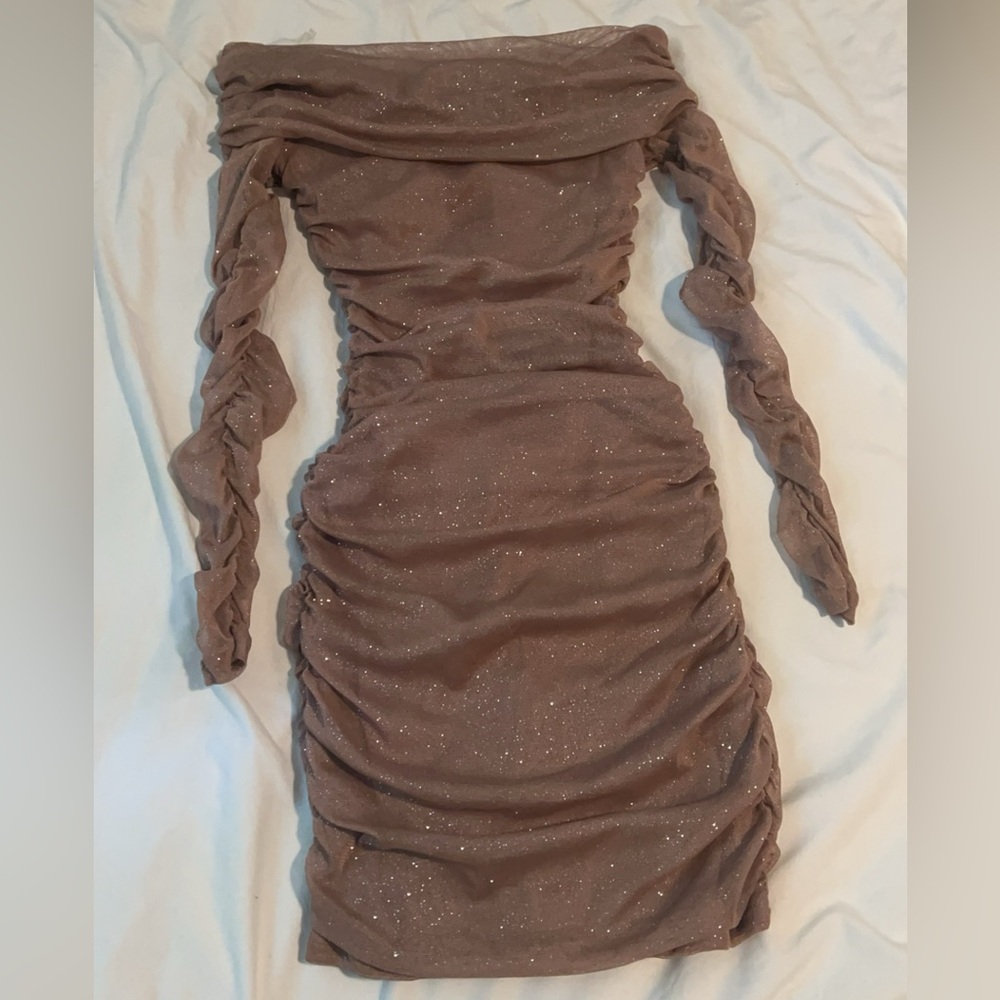 Shimmer Nights Off the Shoulder Glitter Mini Dress